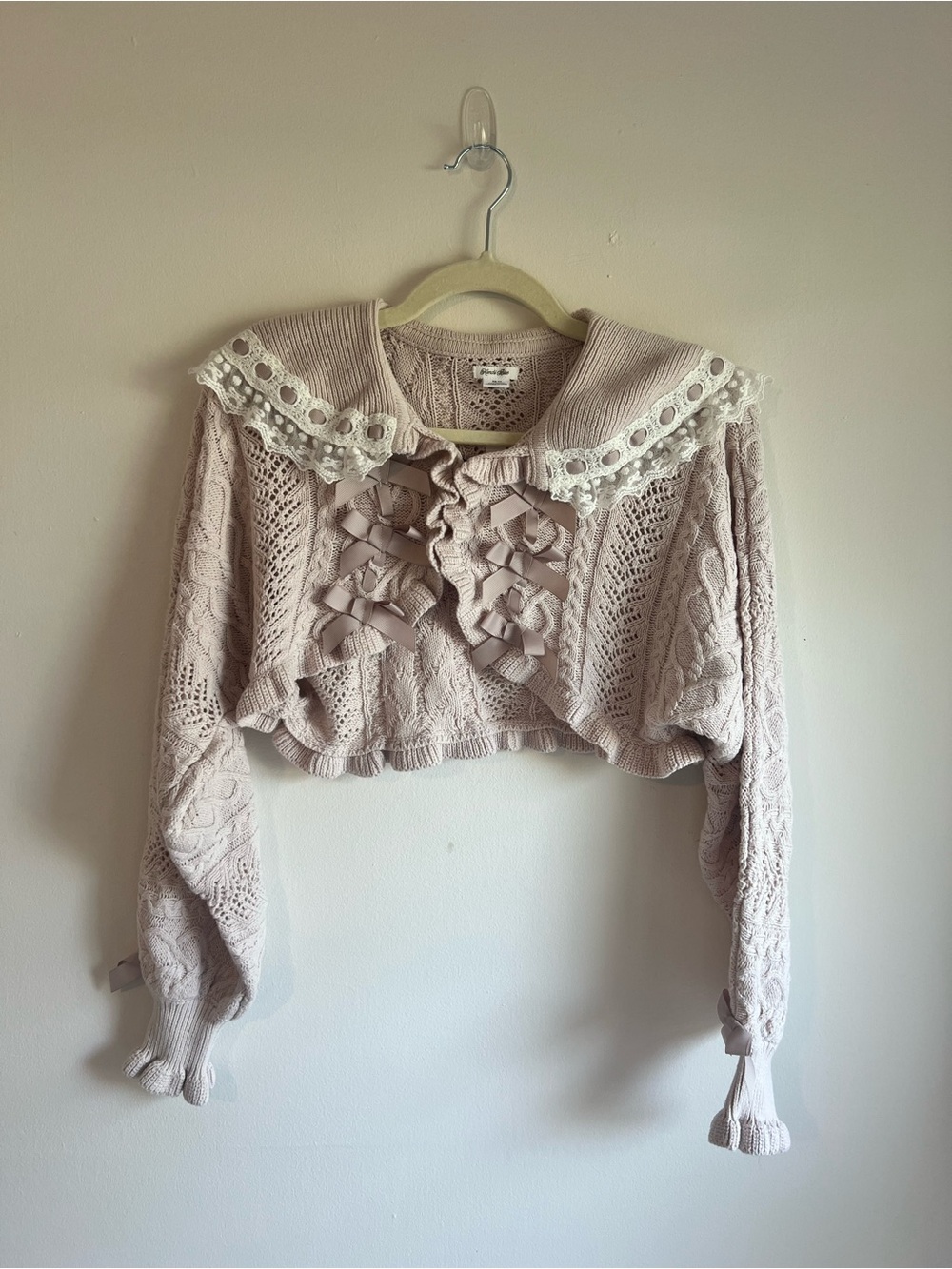 Light Pink Ruffle-Trim Knit Cropped Sweater - Picture 2 of 6
